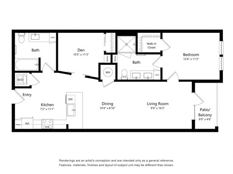 Floor plan for 2 beds, 2 baths, 940 sqft
